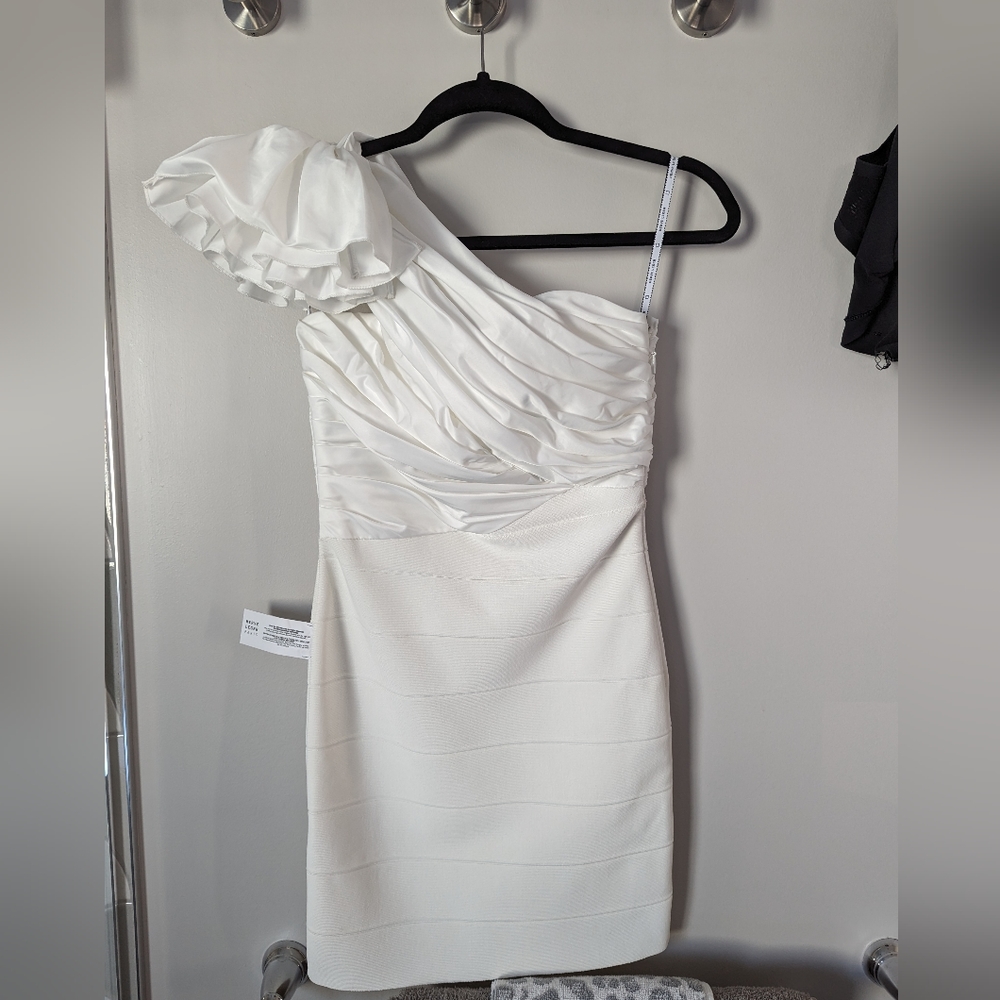 Herve Leger White One Shoulder Dress